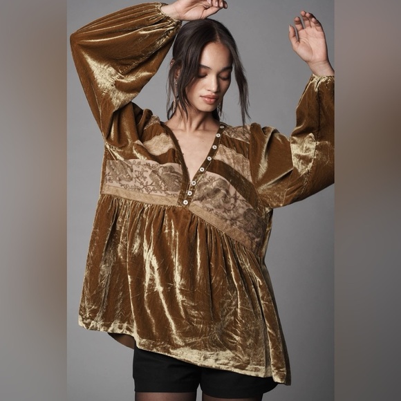 Anthropologie Gold Velvet Blouse - Picture 2 of 13